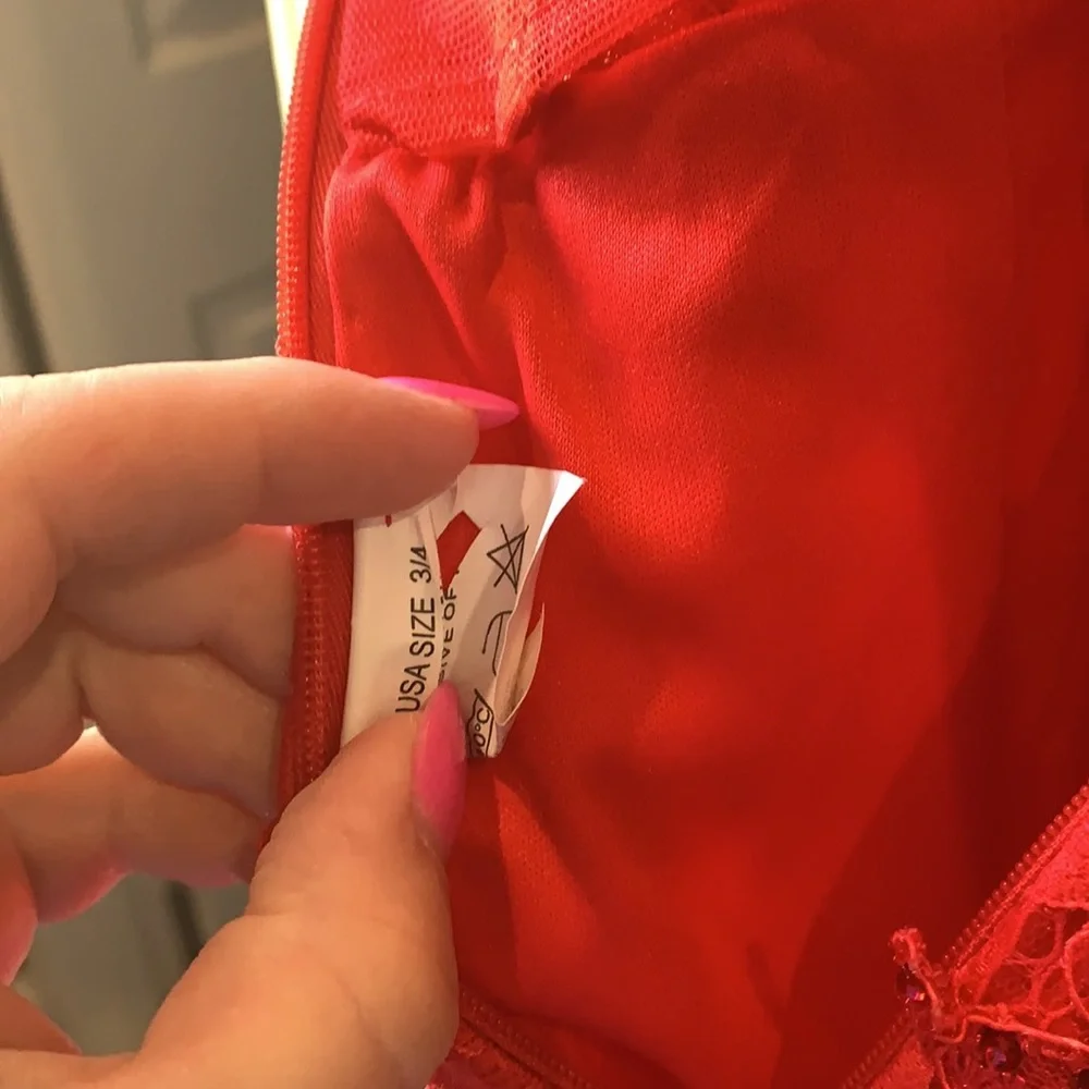 Mori Lee red rhinestone lace cocktail one shoulder dress. Size 3/4 - Picture 9 of 10